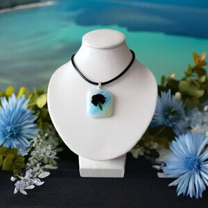 Bright blue white black abstract dandelion flower fused glass pendant necklace